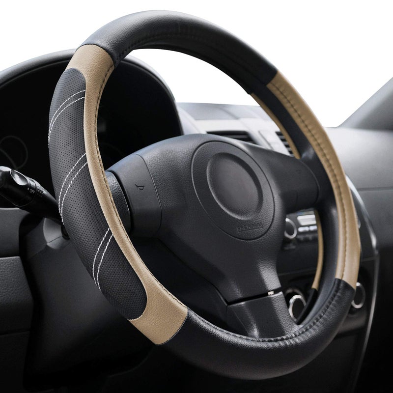 Elantrip Steering Wheel Cover Leather 15 1/2 to 16 inch Universal Large Soft Grip Breathable for Car Truck SUV Jeep Anti Slip Beige - Image 1